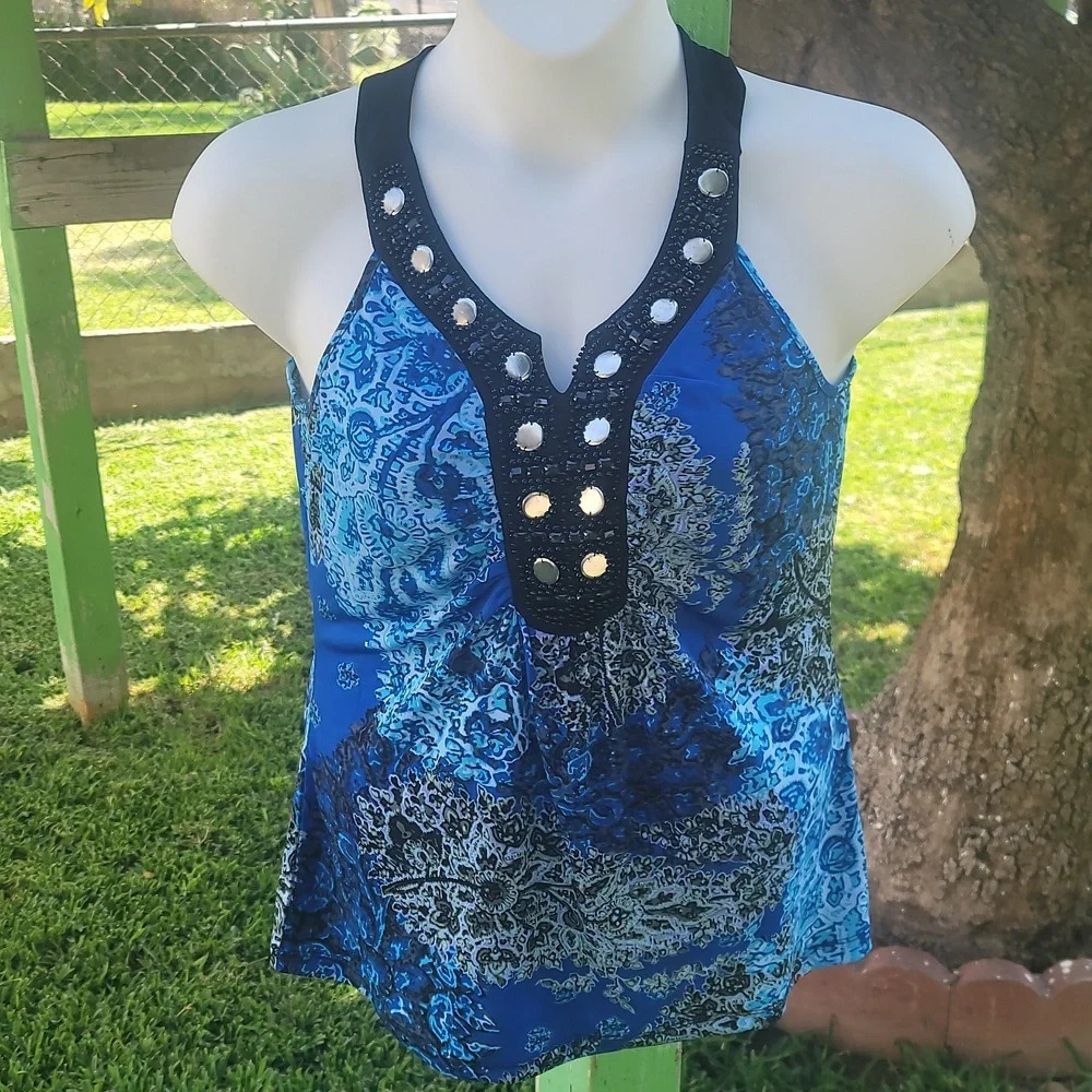Vintage cocomo beaded studded black blue tank top blouse petite large